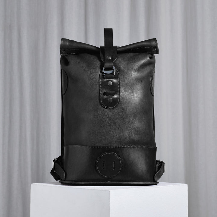 Black Small Fold Top – Leather Backpack