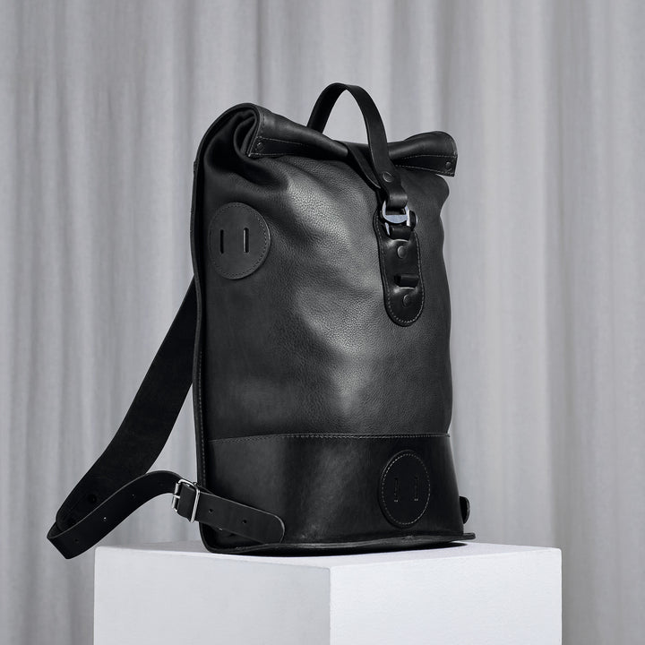 Black Small Fold Top – Leather Backpack