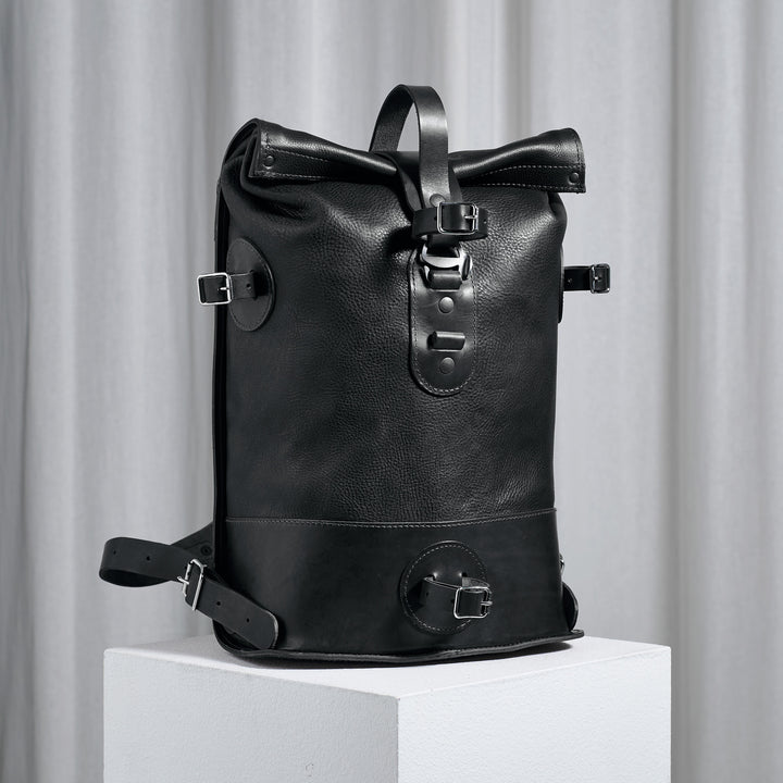 Black Small Fold Top – Leather Backpack