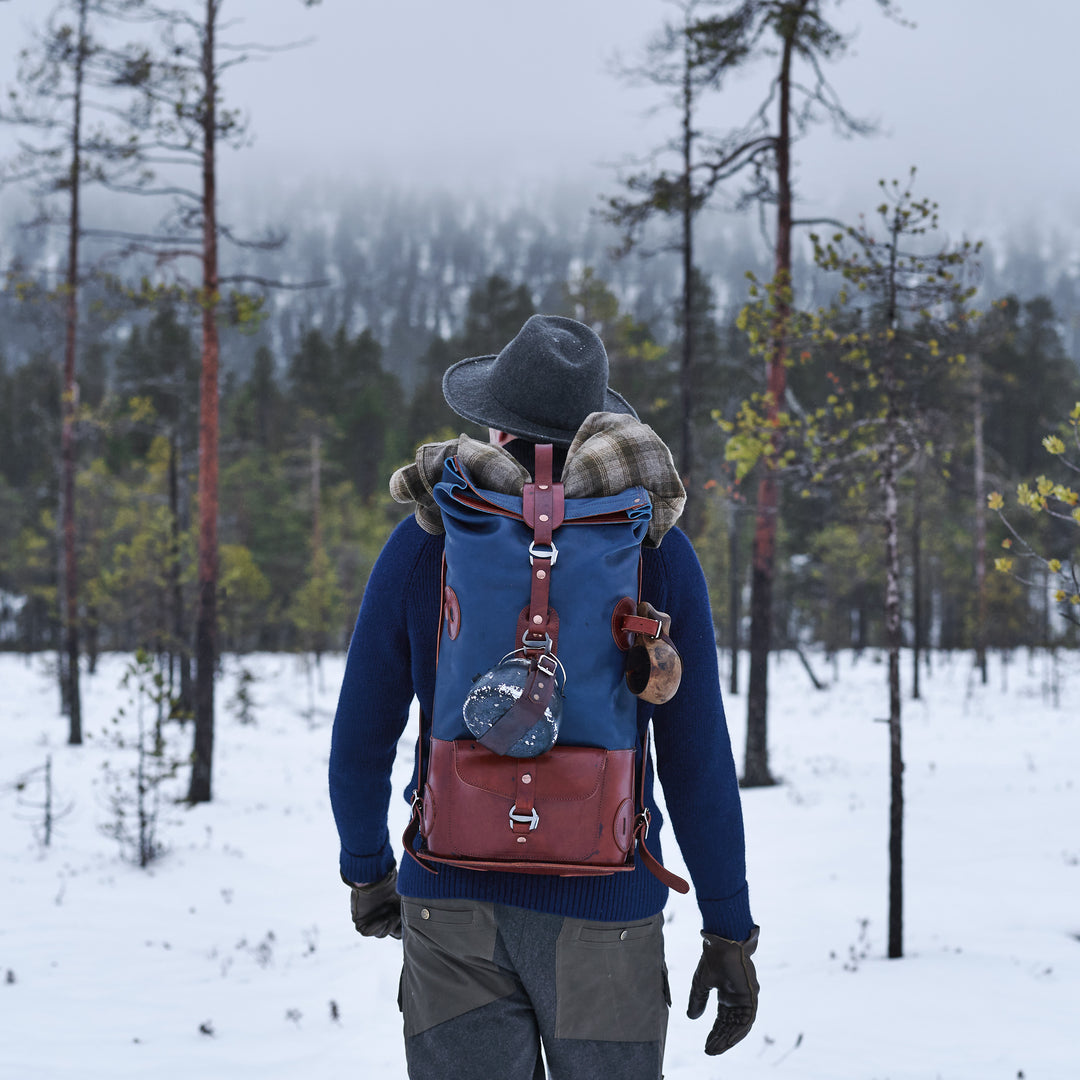 Pre-order – S.05 Fold Top – Navy & Brown Leather Backpack