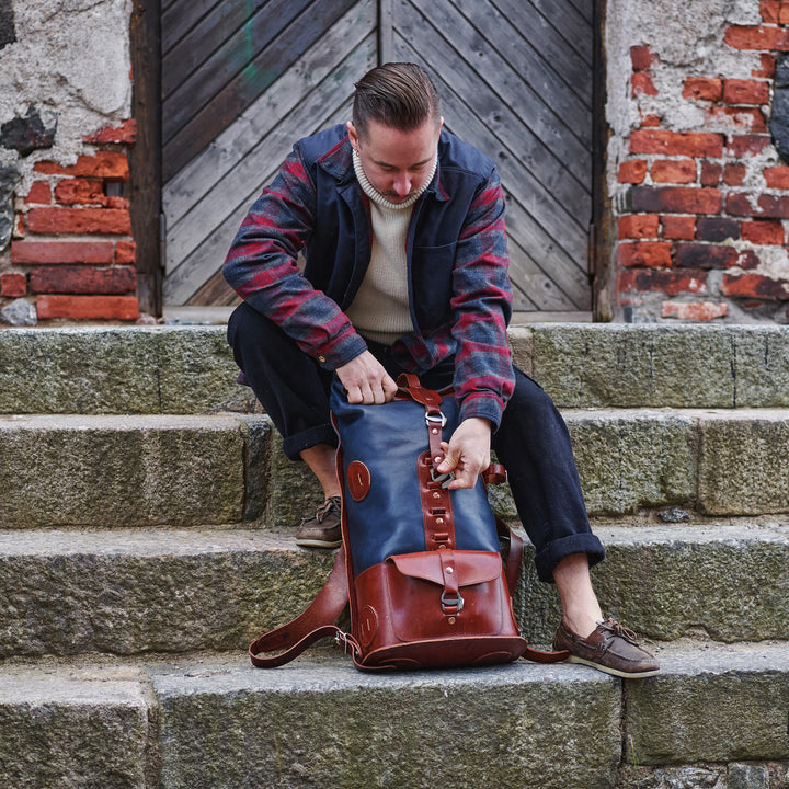 Pre-order – S.05 Fold Top – Navy & Brown Leather Backpack