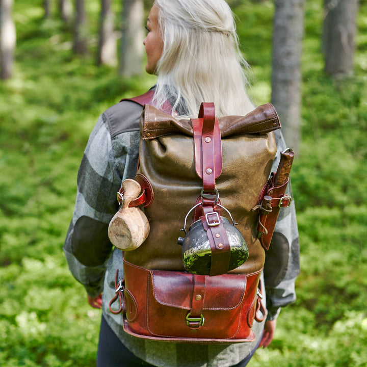 Pre-order – Fold Top Olive & Brown – Leather Backpack