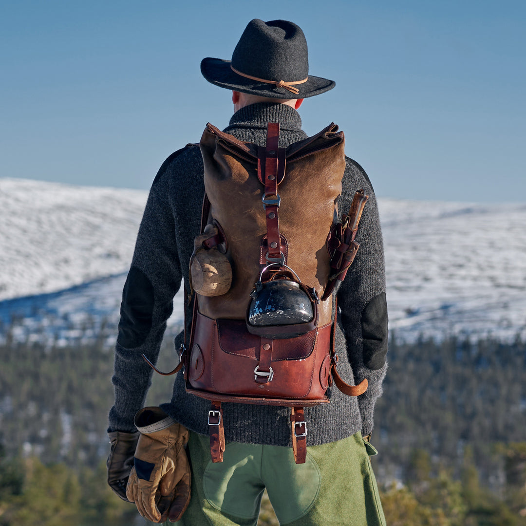 Pre-order – Fold Top Olive & Brown – Leather Backpack