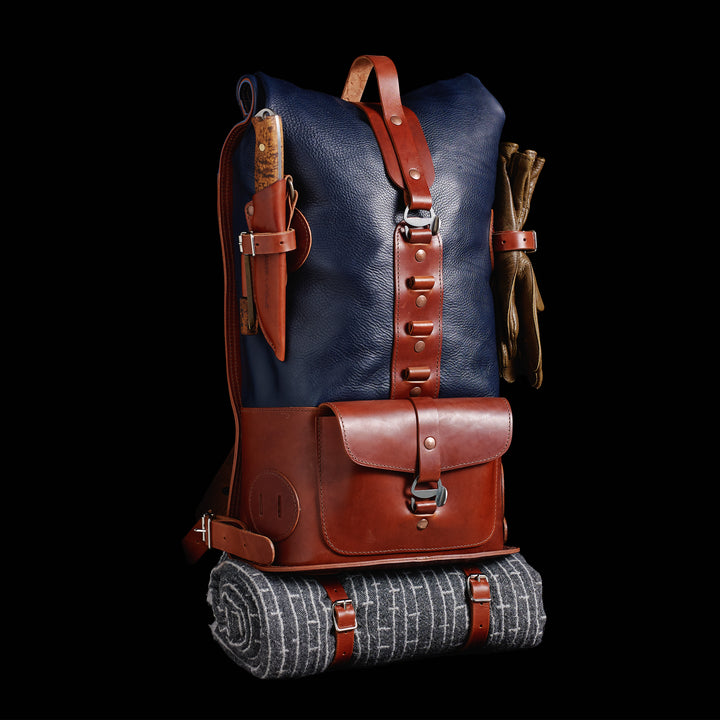 Pre-order – S.05 Fold Top – Navy & Brown Leather Backpack