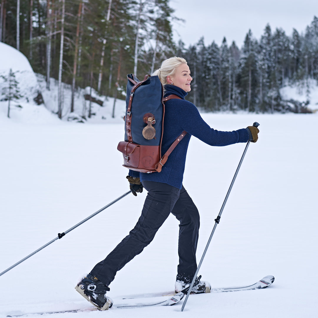 Pre-order – S.05 Fold Top – Navy & Brown Leather Backpack