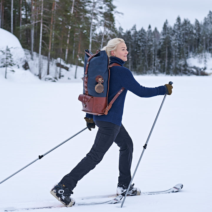 Pre-order – S.05 Fold Top – Navy & Brown Leather Backpack