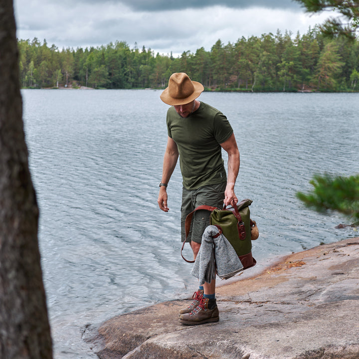 Pre-order – Small Fold Top – Leather Backpack in Olive & Brown