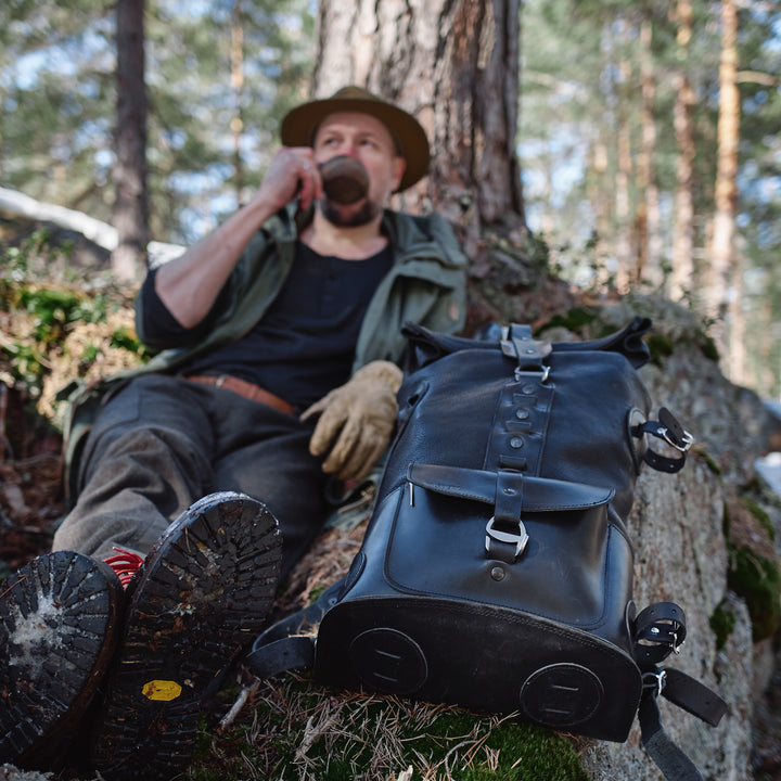 Pre-order – Black Fold Top – Leather Backpack