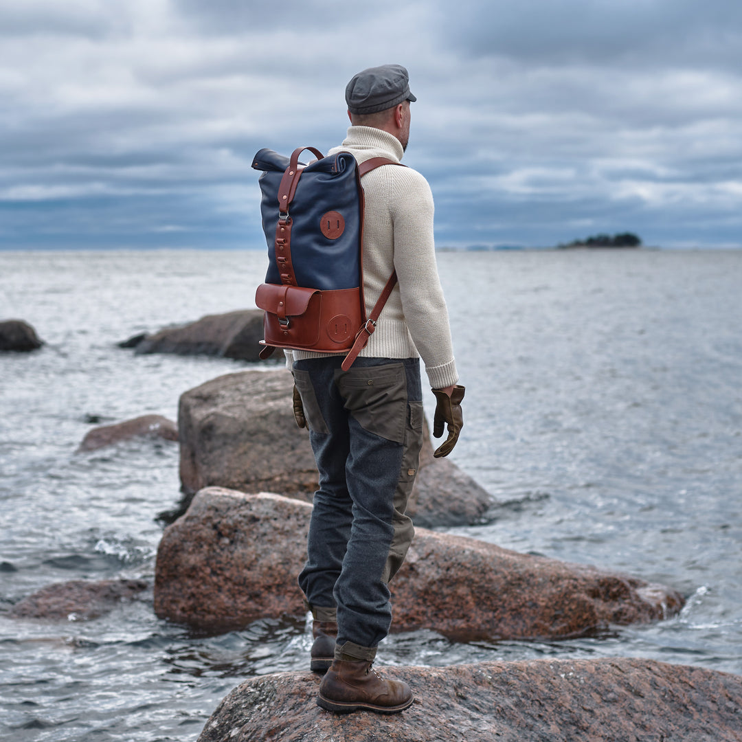 Pre-order – S.05 Fold Top – Navy & Brown Leather Backpack