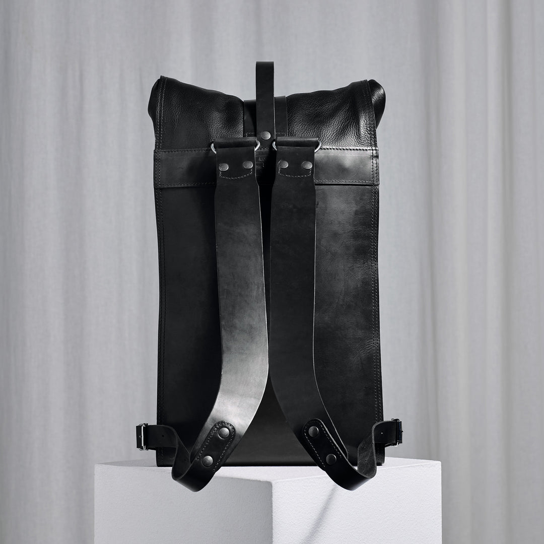 Pre-order – Black Fold Top – Leather Backpack