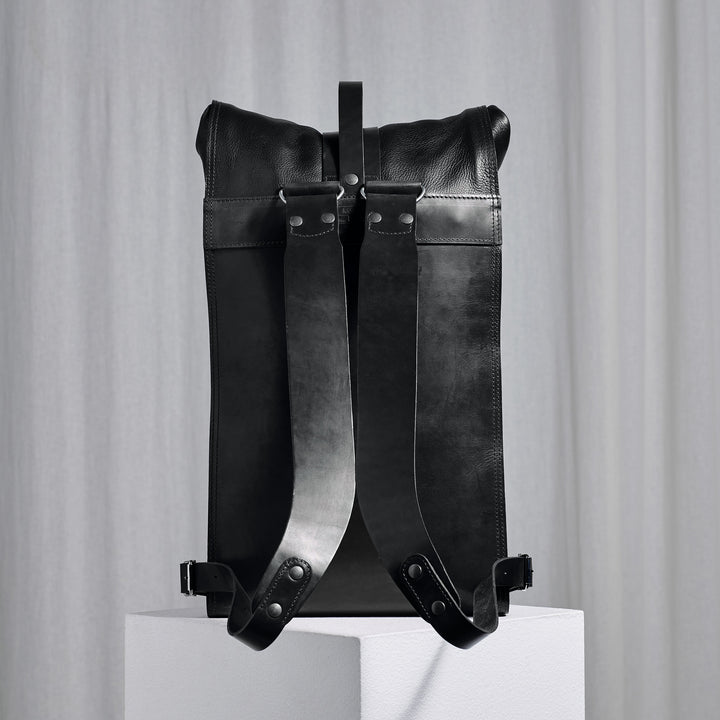 Pre-order – Black Fold Top – Leather Backpack