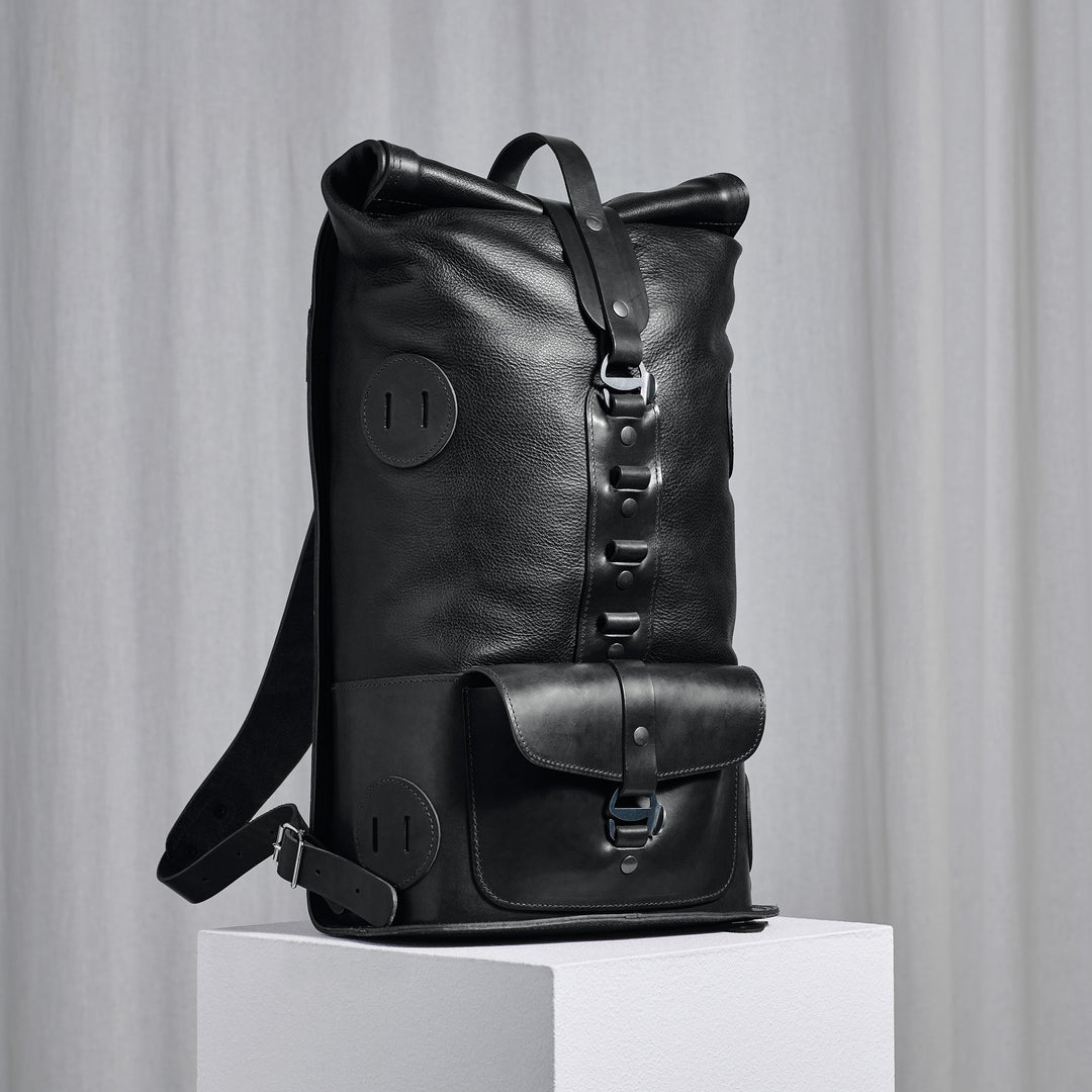Pre-order – Black Fold Top – Leather Backpack