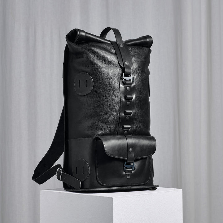 Pre-order – Black Fold Top – Leather Backpack
