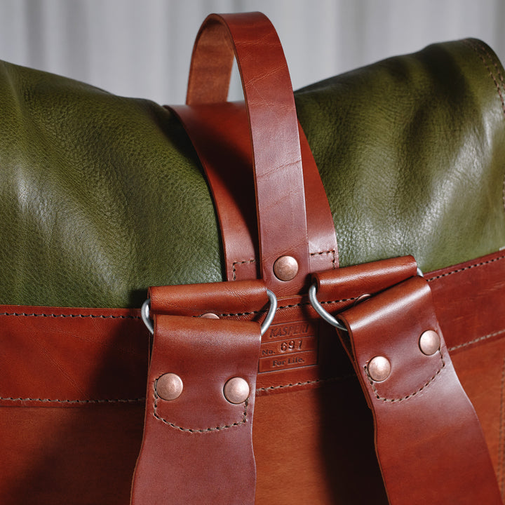 Pre-order – Fold Top Olive & Brown – Leather Backpack