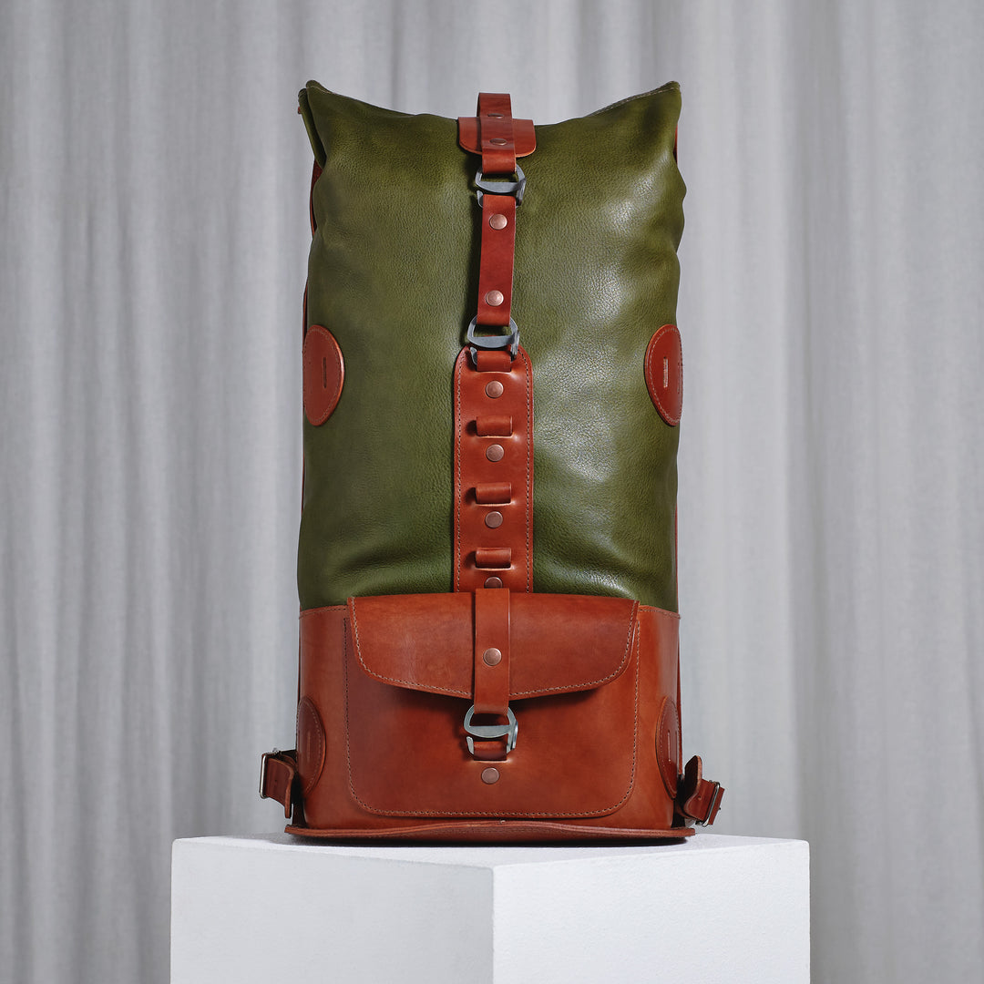 Pre-order – Fold Top Olive & Brown – Leather Backpack