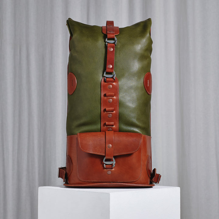 Pre-order – Fold Top Olive & Brown – Leather Backpack