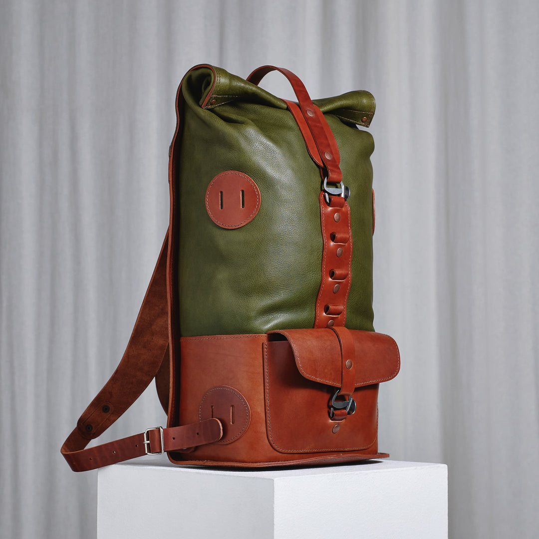 Pre-order – Fold Top Olive & Brown – Leather Backpack