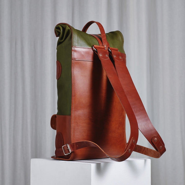 Pre-order – Fold Top Olive & Brown – Leather Backpack