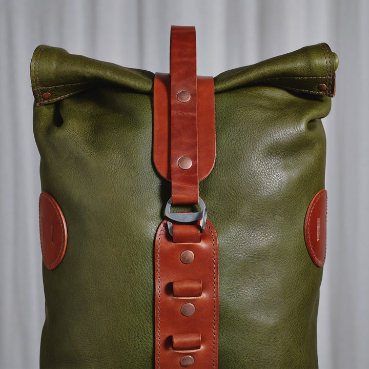 Pre-order – Fold Top Olive & Brown – Leather Backpack