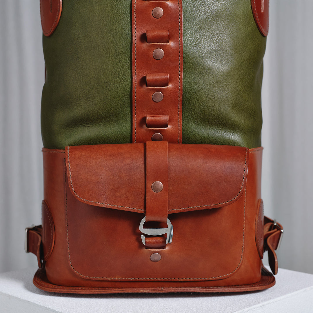 Pre-order – Fold Top Olive & Brown – Leather Backpack