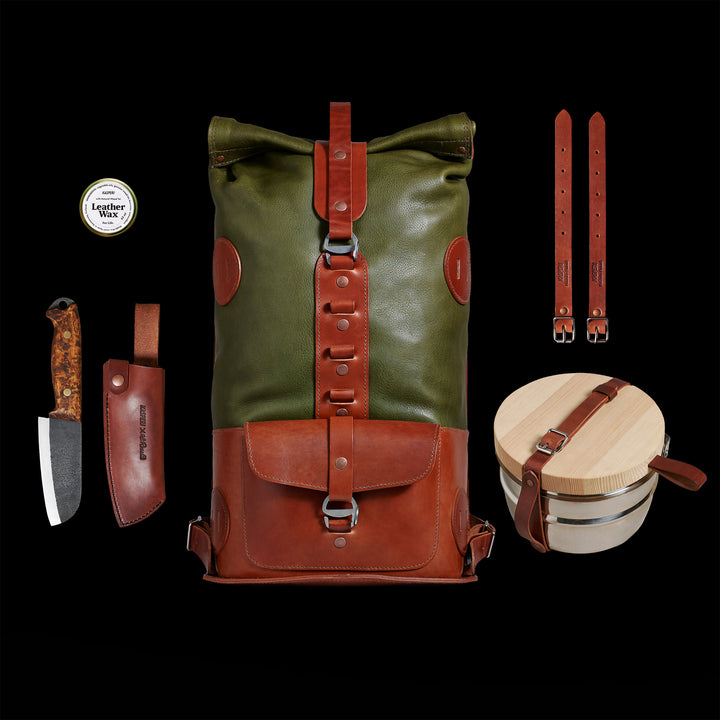 Pre-order – Fold Top Olive & Brown – Leather Backpack