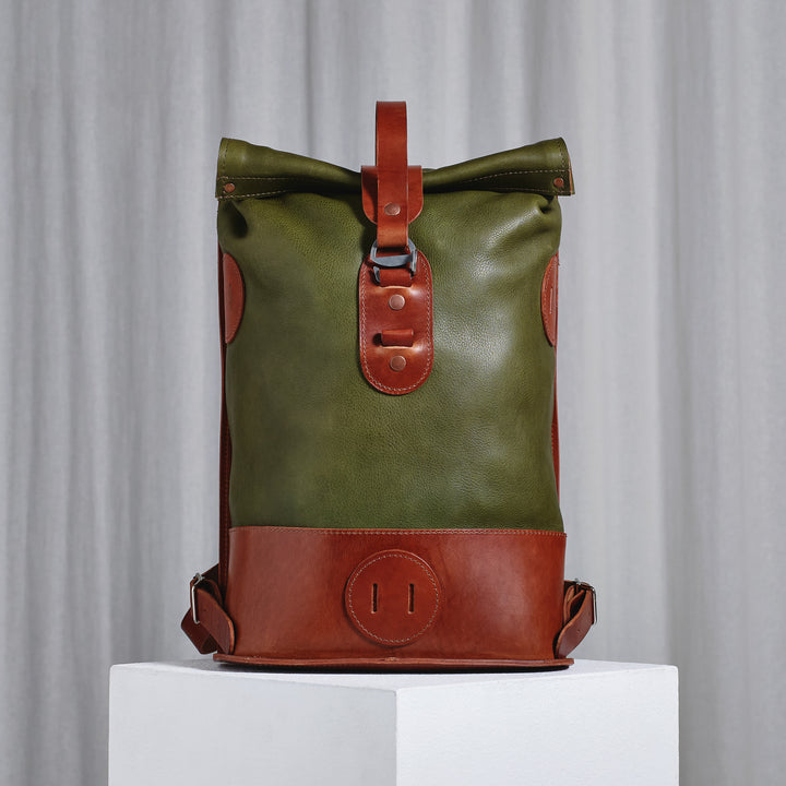 Pre-order – Small Fold Top – Leather Backpack in Olive & Brown