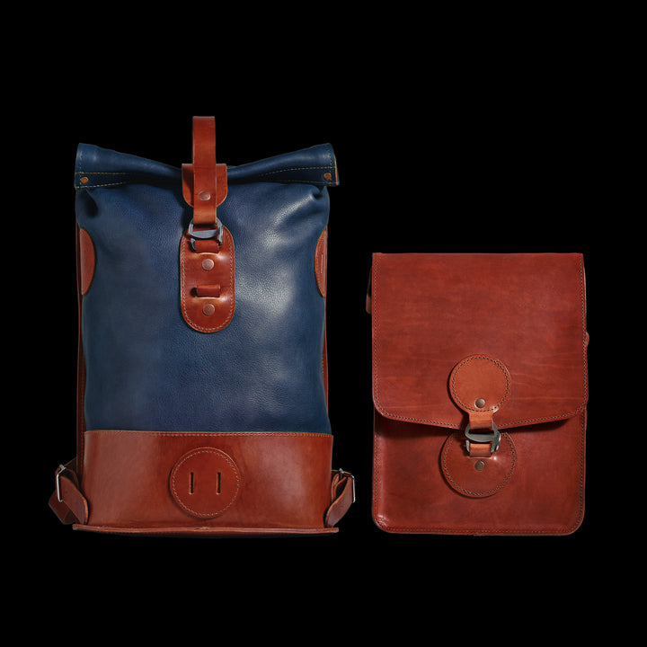 Pre-order – Small Fold Top – Leather Backpack in Navy & Brown