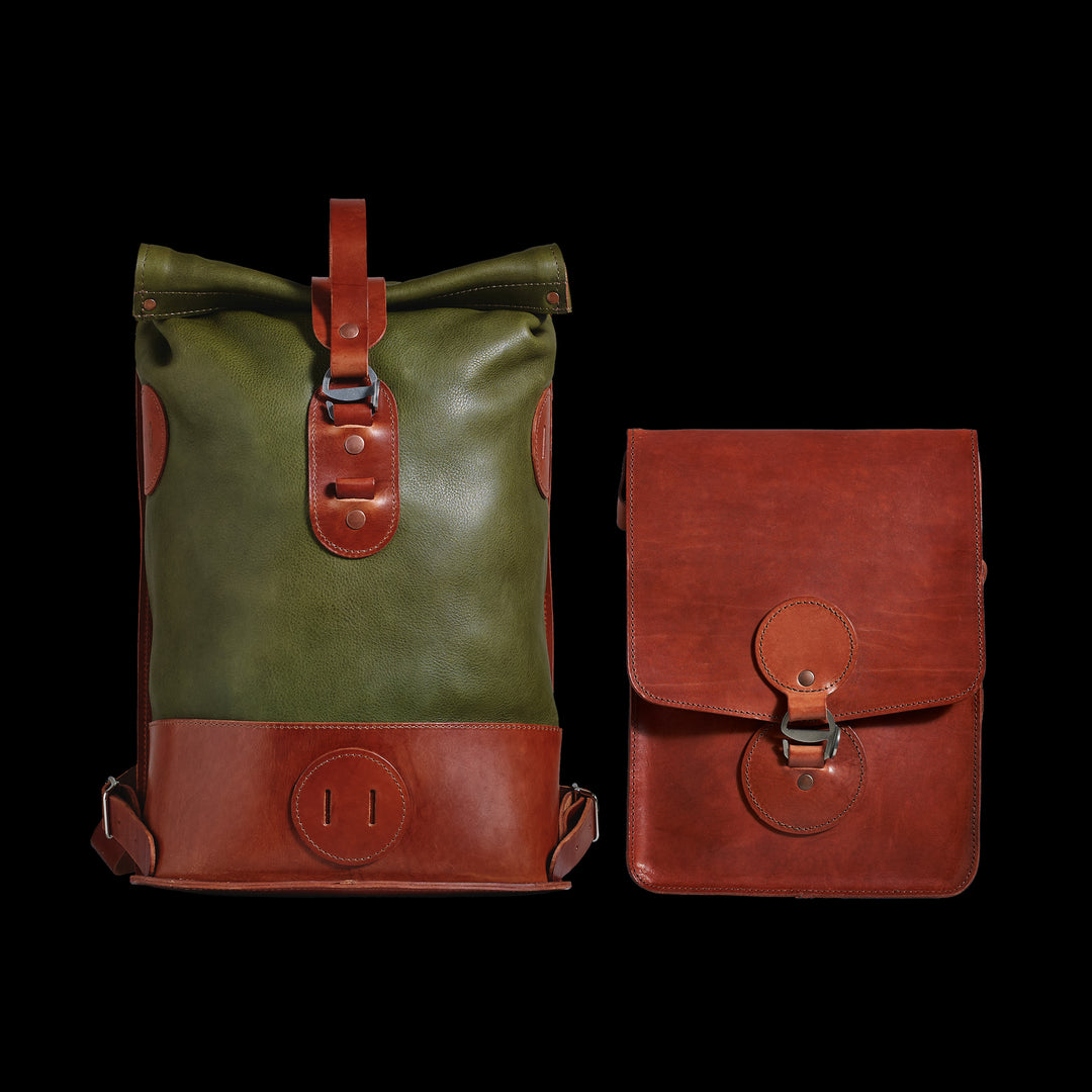 Pre-order – Small Fold Top – Leather Backpack in Olive & Brown