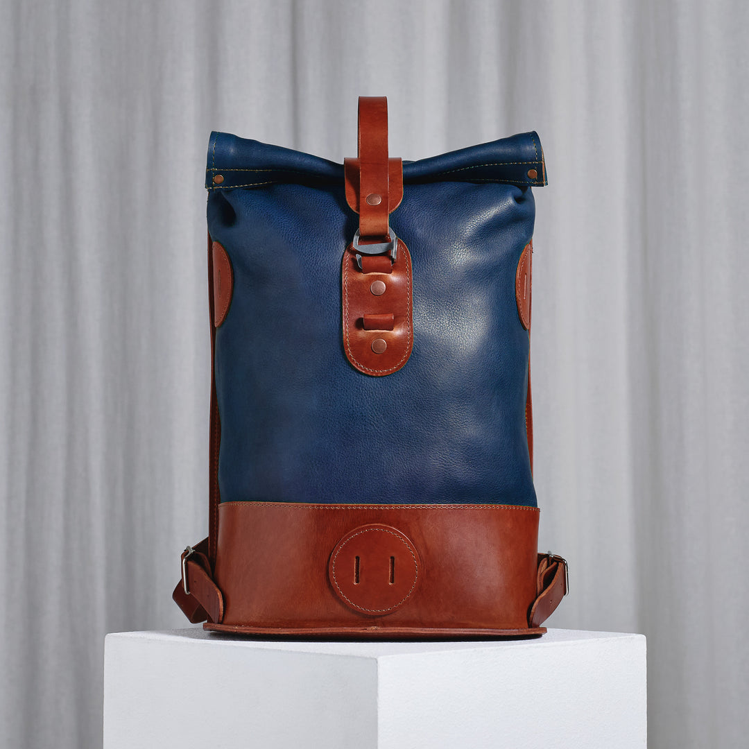 blue leather backpack small Originals: Small Fold Top – Leather Backpack in Navy and Brown – KASPERI