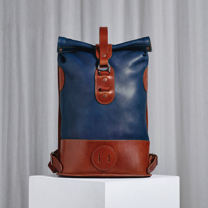 Pre-order – Small Fold Top – Leather Backpack in Navy & Brown