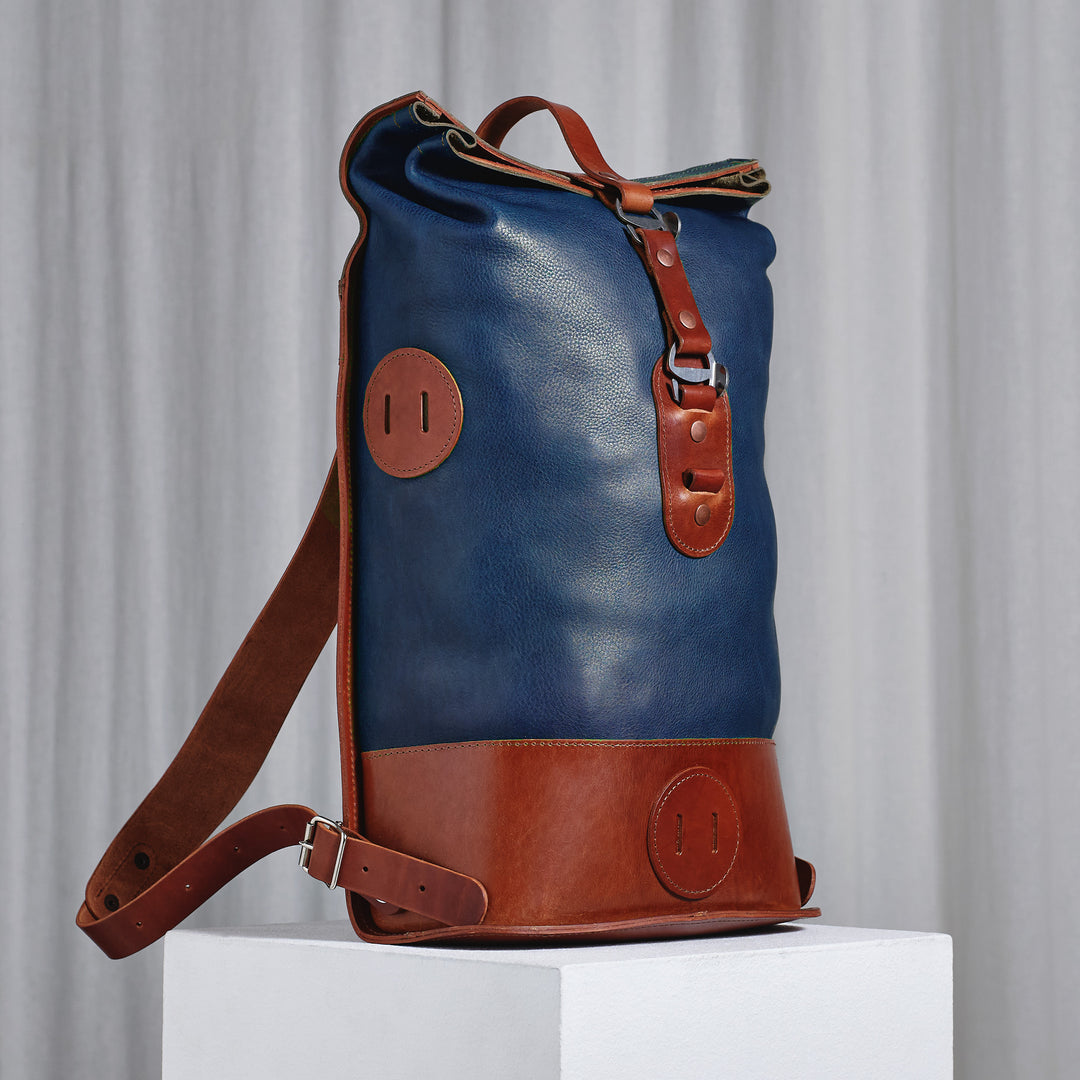 Pre-order – Small Fold Top – Leather Backpack in Navy & Brown