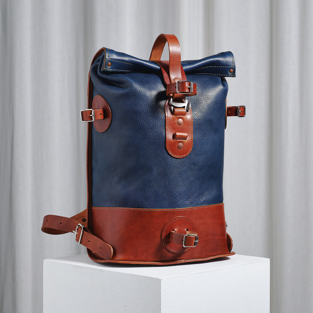Pre-order – Small Fold Top – Leather Backpack in Navy & Brown