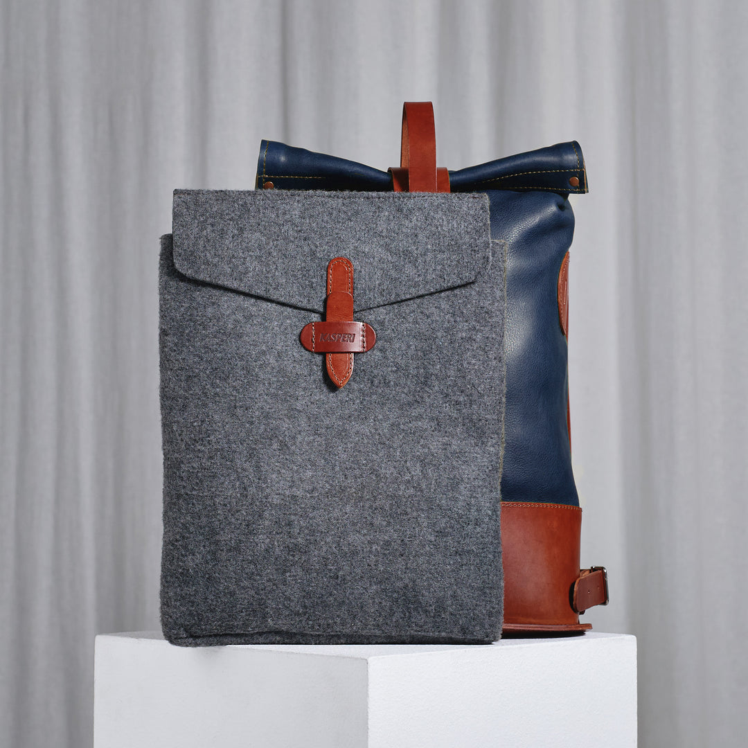 Pre-order – Small Fold Top – Leather Backpack in Navy & Brown