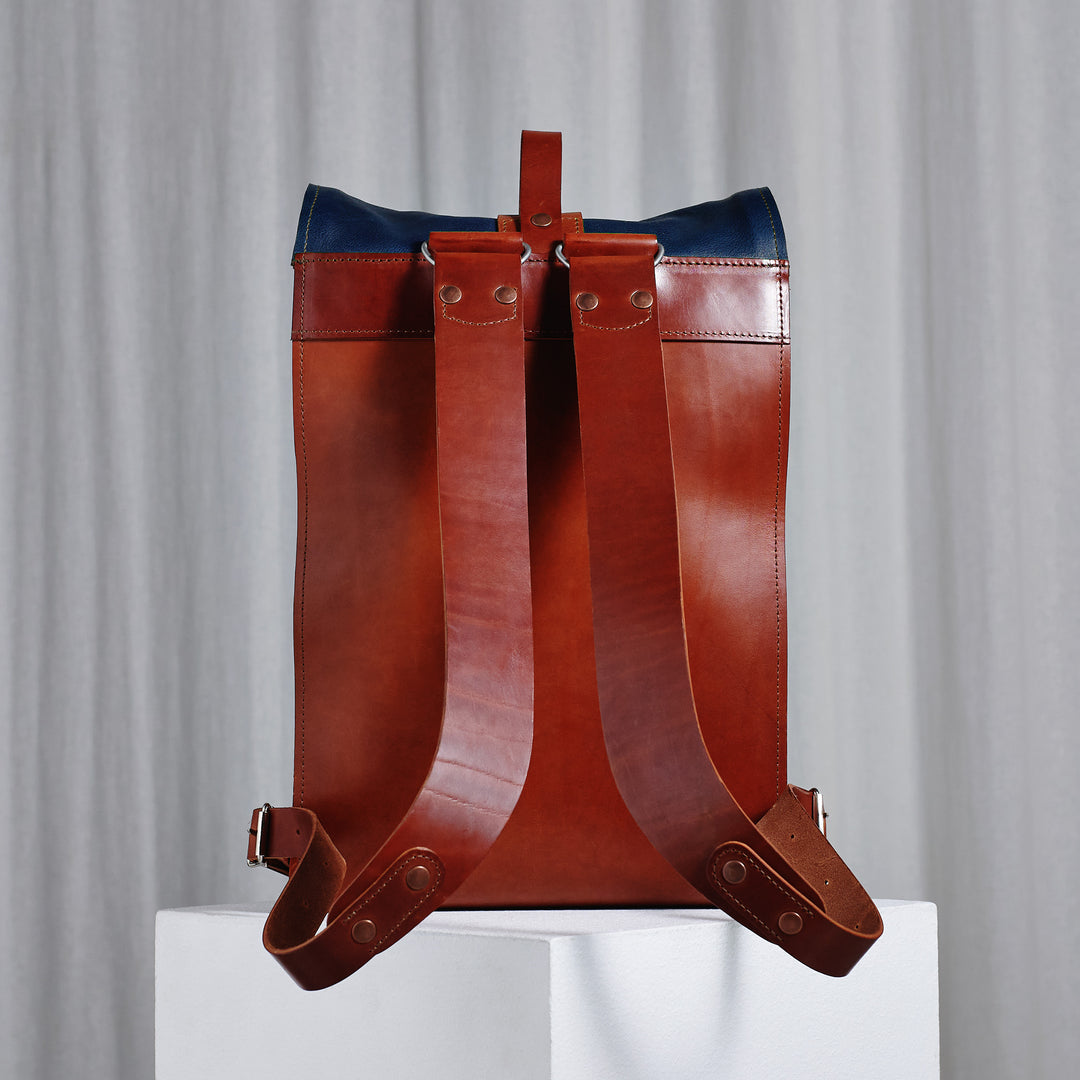 Pre-order – Small Fold Top – Leather Backpack in Navy & Brown