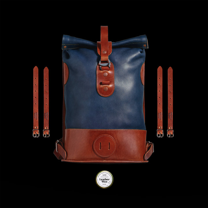 Pre-order – Small Fold Top – Leather Backpack in Navy & Brown