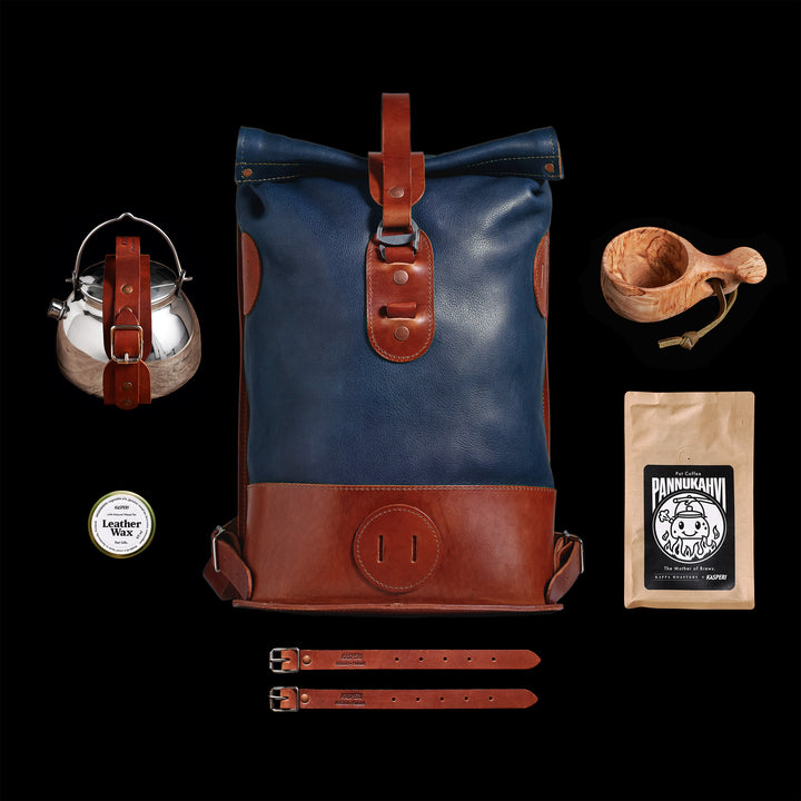 Pre-order – Small Fold Top – Leather Backpack in Navy & Brown