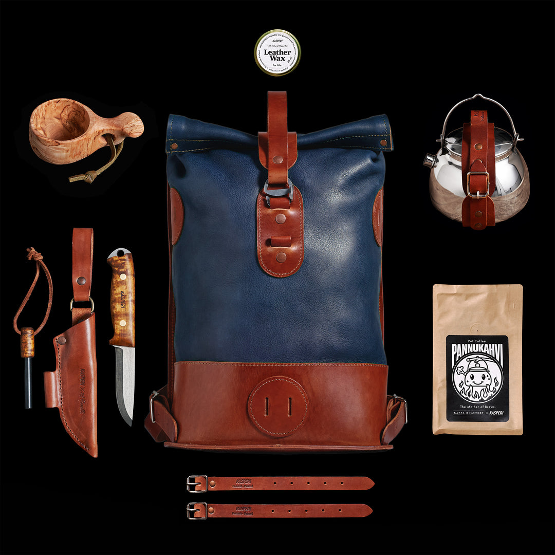 Pre-order – Small Fold Top – Leather Backpack in Navy & Brown