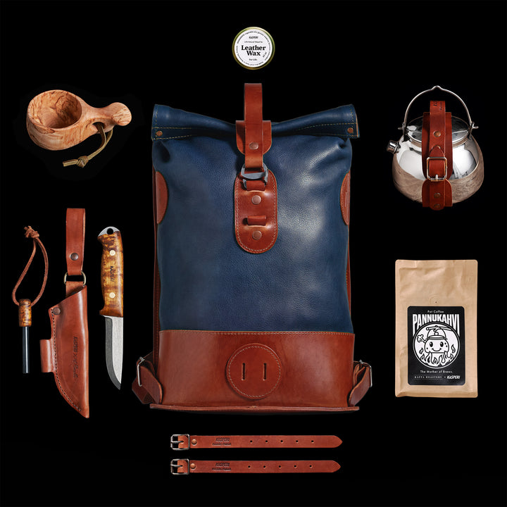 Pre-order – Small Fold Top – Leather Backpack in Navy & Brown
