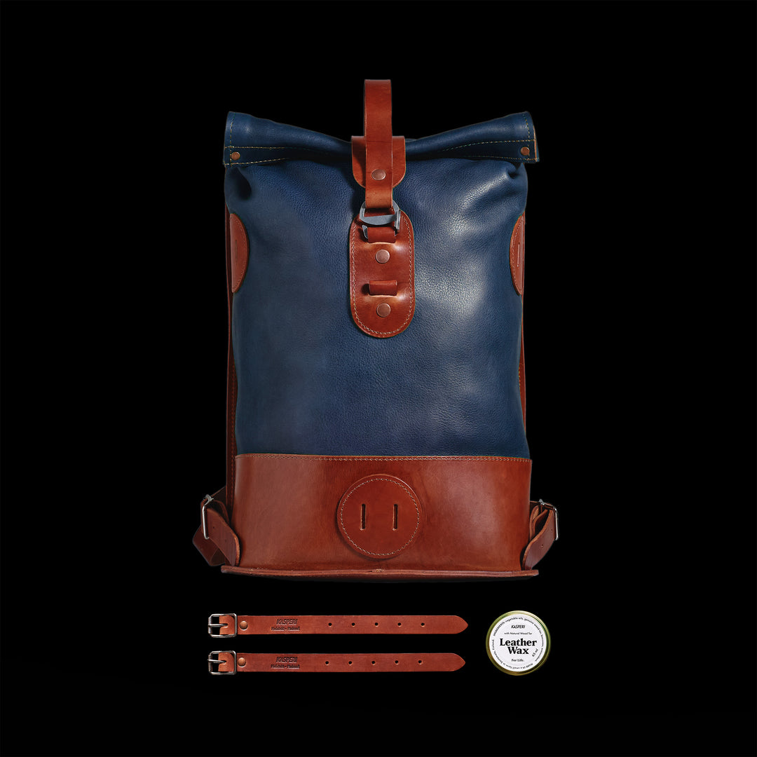 Pre-order – Small Fold Top – Leather Backpack in Navy & Brown