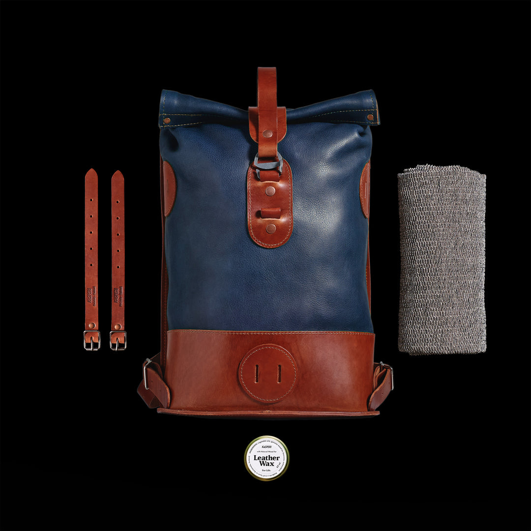 Pre-order – Small Fold Top – Leather Backpack in Navy & Brown