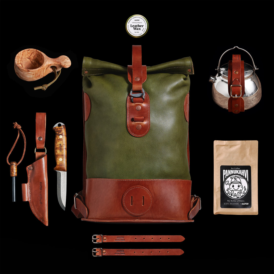 Pre-order – Small Fold Top – Leather Backpack in Olive & Brown