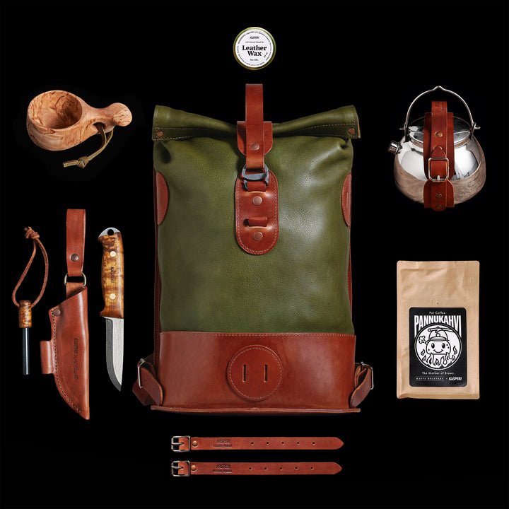 Pre-order – Small Fold Top – Leather Backpack in Olive & Brown