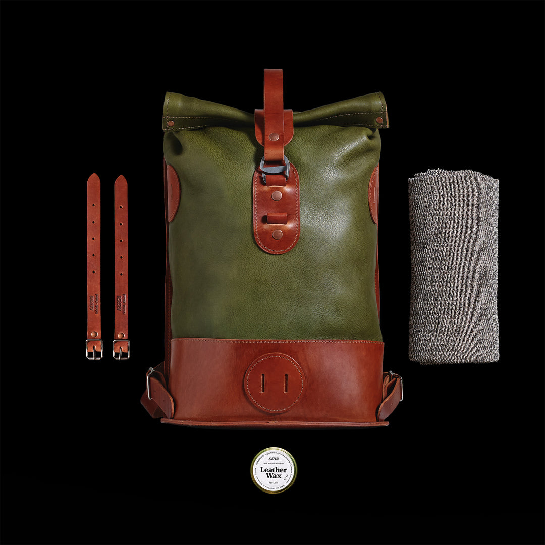 Pre-order – Small Fold Top – Leather Backpack in Olive & Brown