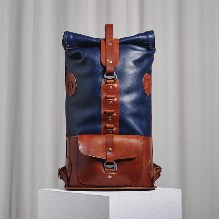 Pre-order – S.05 Fold Top – Navy & Brown Leather Backpack