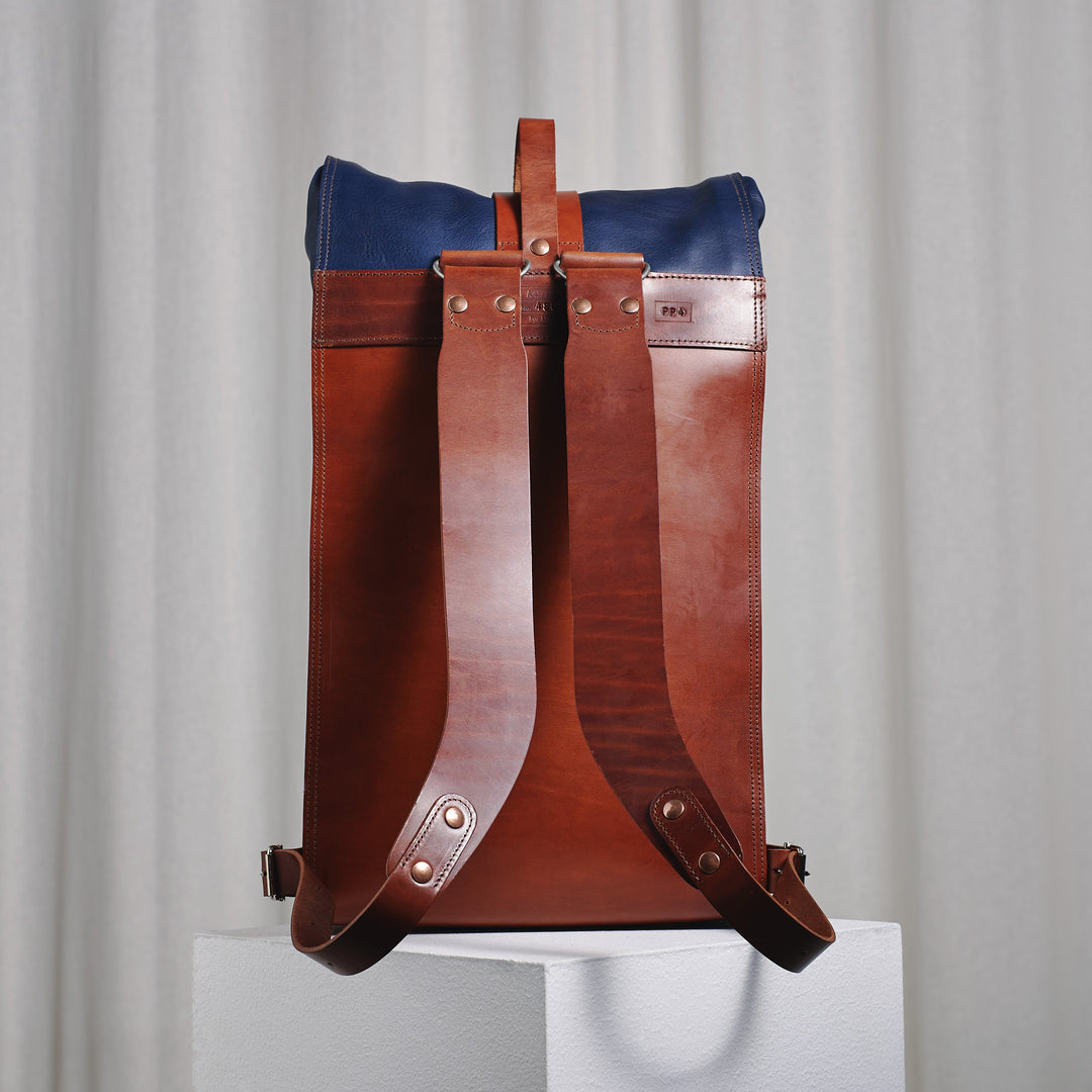 Pre-order – S.05 Fold Top – Navy & Brown Leather Backpack