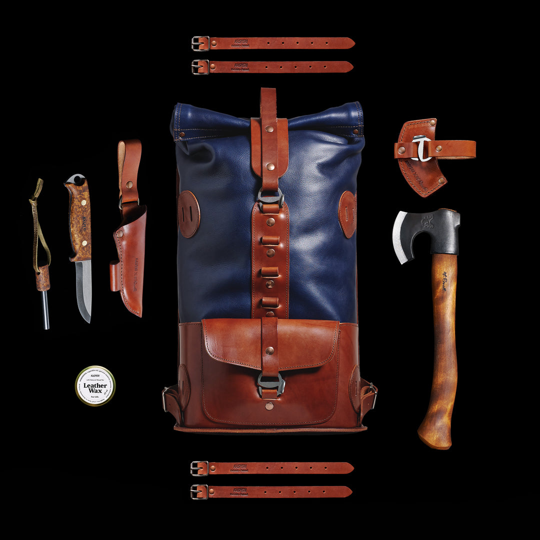 Pre-order – S.05 Fold Top – Navy & Brown Leather Backpack