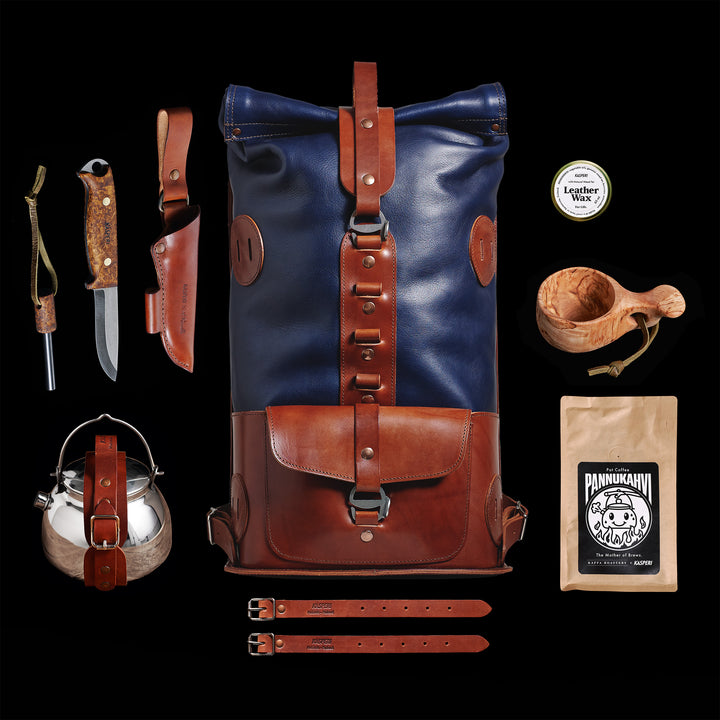 Pre-order – S.05 Fold Top – Navy & Brown Leather Backpack