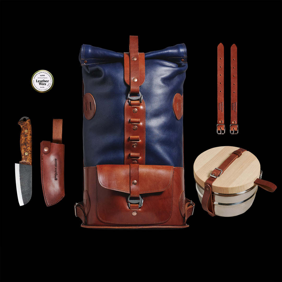 Pre-order – S.05 Fold Top – Navy & Brown Leather Backpack