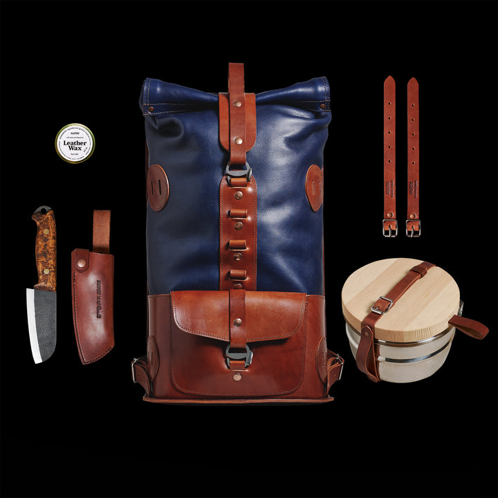 Pre-order – S.05 Fold Top – Navy & Brown Leather Backpack