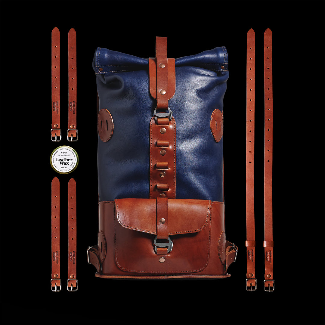 Pre-order – S.05 Fold Top – Navy & Brown Leather Backpack